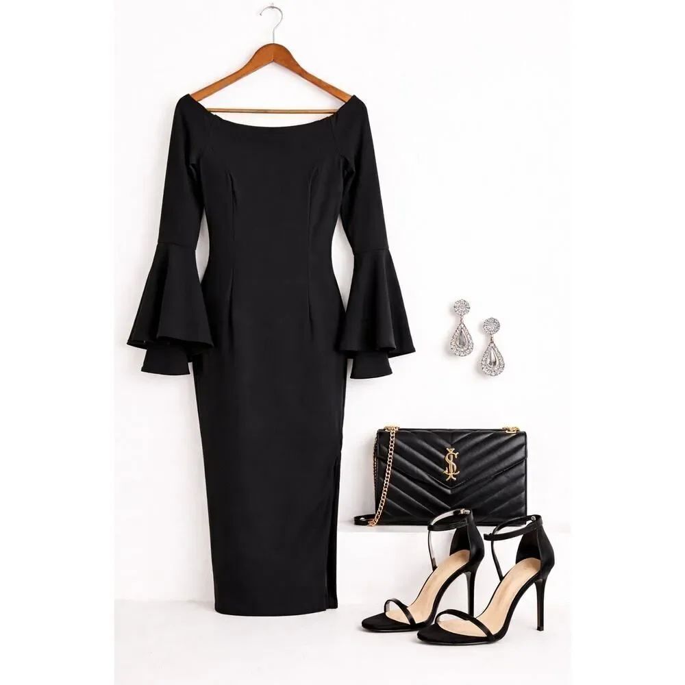 Bardot Solange Off Shoulder Black Midi Dress Bell Sleeve Bodycon Cocktail 6